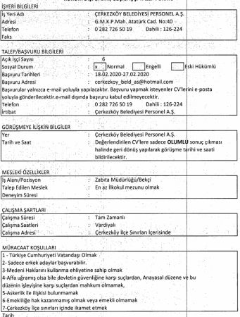 Belediye Başkanlığı Bünyesine Bekçi Alımı Yapılıyor !