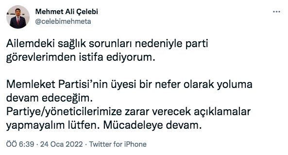 Memleket Partisi’nde istifa