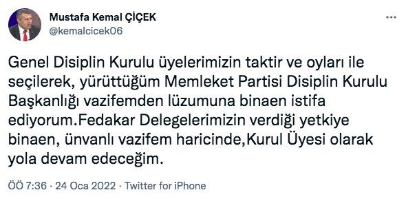 Memleket Partisi’nde istifa