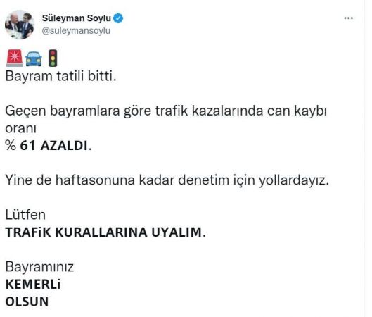 Geçen bayramlara göre trafik kazalarında can kaybı oranı yüzde 61 azaldı”