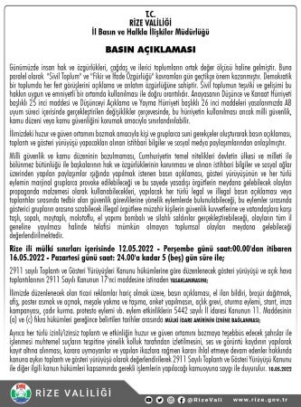 Rize’de 5 günlük yasaklama kararı