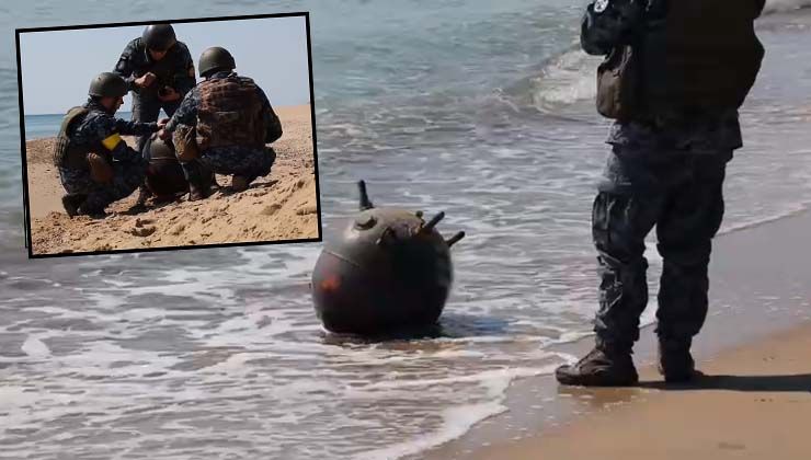 Savaşta zincirlerinden kurtulan ve sahile vuran mayın imha edildi