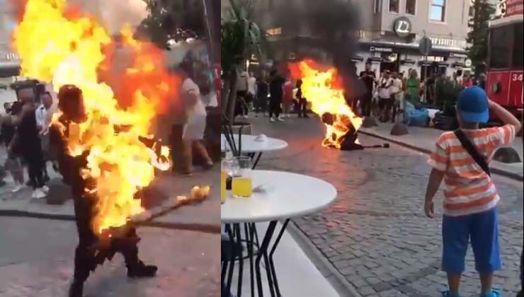 Galata’da dehşet anları kamerada: Oraklı genç tinerle kendini yaktı