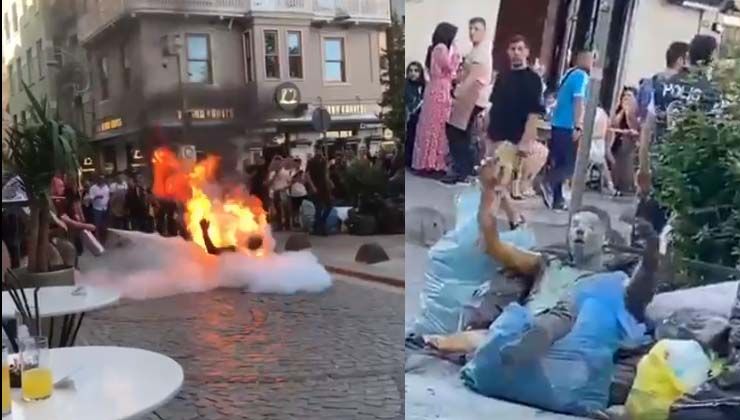 Galata’da dehşet anları kamerada: Oraklı genç tinerle kendini yaktı