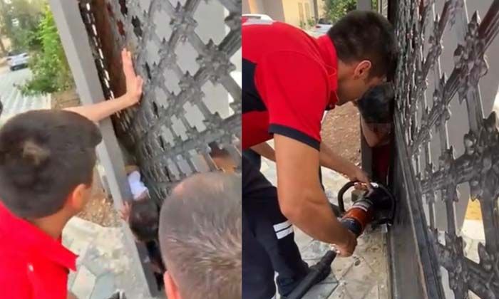 Kapıya sıkışan çocuğu itfaiye kurtardı