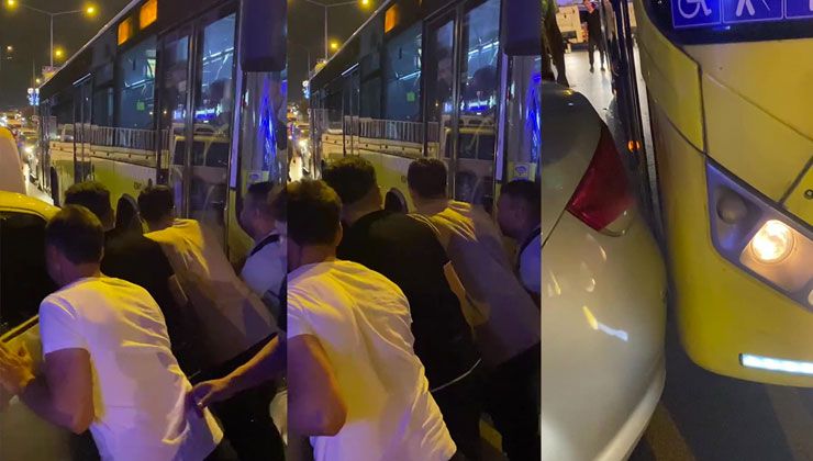 İETT otobüsünün geçişini engelleyen otomobili vatandaşlar el birliğiyle ittirdiler