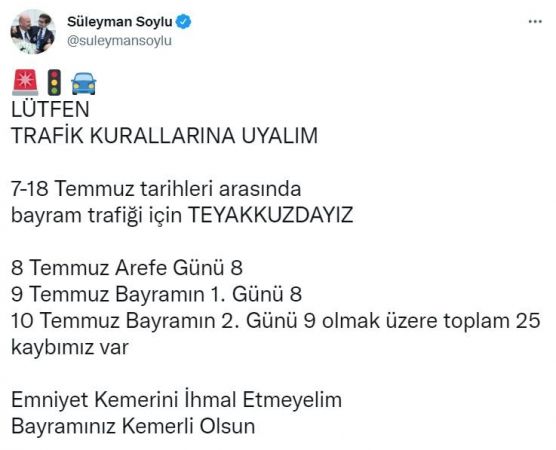 Bakan Soylu açıkladı: 3 günde 25 kişi kazalarda hayatını kaybetti