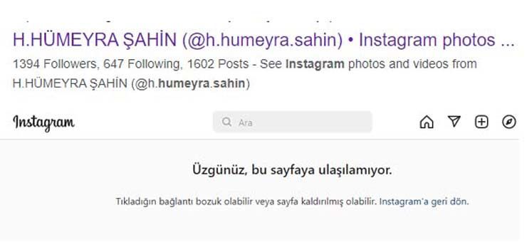 Hümeyra Şahin instagram hesabını kapattı