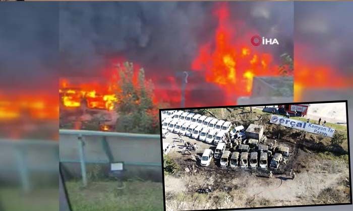 Otoparkta 16 ticari araç alev alev yandı