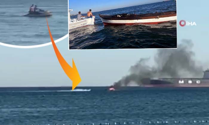 Yanan teknenin imdadına jet ski yetişti