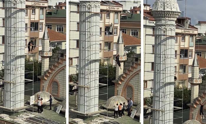 İstanbul’da ilginç yöntemle minareye taş çektiler