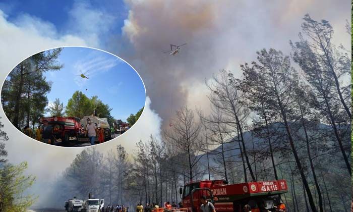 Marmaris’teki orman yangınına 14 uçak ve 35 helikopter ile havadan müdahale ediliyor