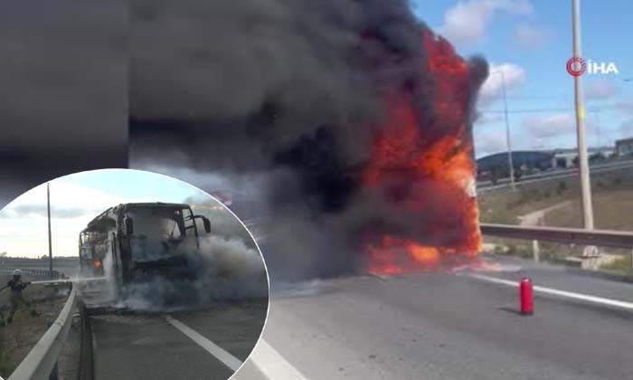 Kuzey Marmara Otoyolu’nda yanan yolcu otobüsü alev topuna döndü