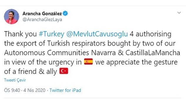 İspanya Dışişleri Bakanı Laya’dan solunum cihazları için Türkiye’ye teşekkür