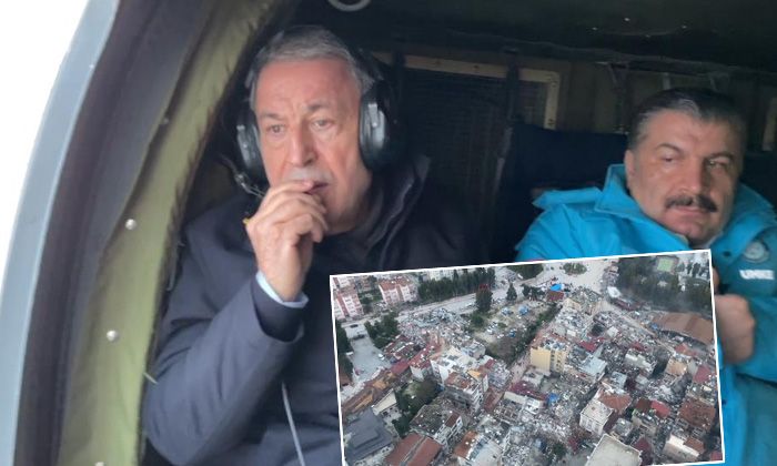 Bakan Akar ve Bakan Koca yıkımı helikopterle havadan görüntüledi