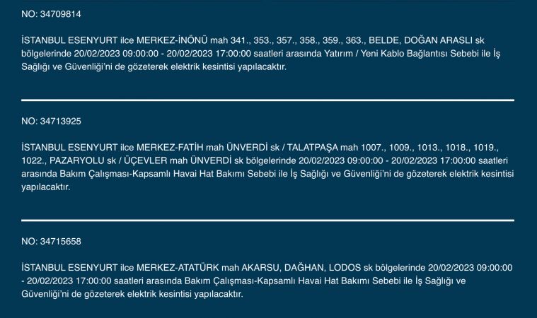 İSTANBUL ELEKTRİK KESİNTİSİ 20 ŞUBAT 2023! Hangi İlçelerde Elektrikler Gidecek, Kesilecek? Yüzlerce Sokak Uyarıldı!