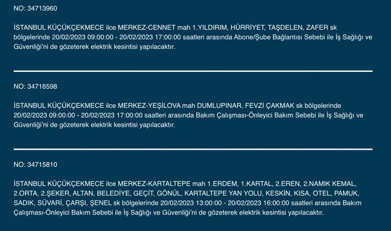 İSTANBUL ELEKTRİK KESİNTİSİ 20 ŞUBAT 2023! Hangi İlçelerde Elektrikler Gidecek, Kesilecek? Yüzlerce Sokak Uyarıldı!
