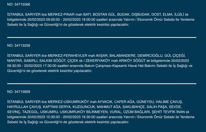 İSTANBUL ELEKTRİK KESİNTİSİ 20 ŞUBAT 2023! Hangi İlçelerde Elektrikler Gidecek, Kesilecek? Yüzlerce Sokak Uyarıldı!