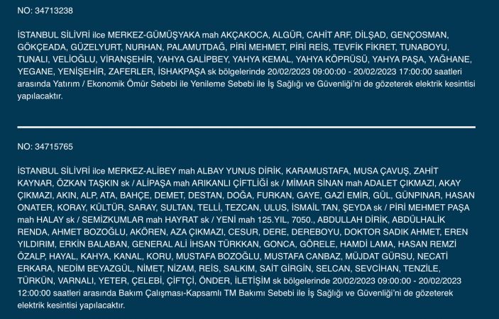 İSTANBUL ELEKTRİK KESİNTİSİ 20 ŞUBAT 2023! Hangi İlçelerde Elektrikler Gidecek, Kesilecek? Yüzlerce Sokak Uyarıldı!