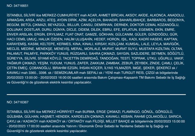 İSTANBUL ELEKTRİK KESİNTİSİ 20 ŞUBAT 2023! Hangi İlçelerde Elektrikler Gidecek, Kesilecek? Yüzlerce Sokak Uyarıldı!