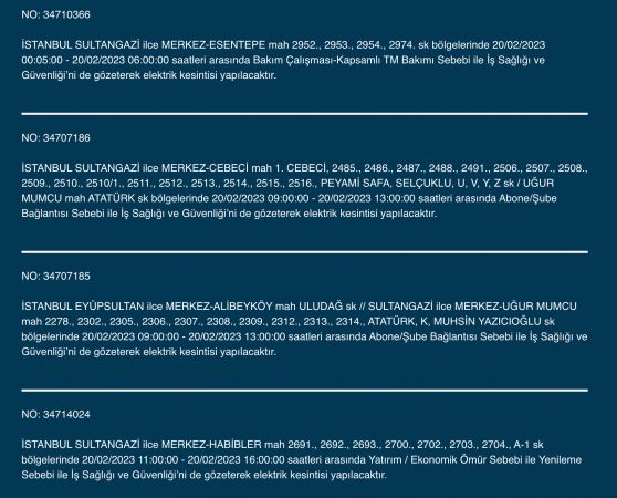 İSTANBUL ELEKTRİK KESİNTİSİ 20 ŞUBAT 2023! Hangi İlçelerde Elektrikler Gidecek, Kesilecek? Yüzlerce Sokak Uyarıldı!