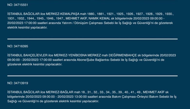 İSTANBUL ELEKTRİK KESİNTİSİ 20 ŞUBAT 2023! Hangi İlçelerde Elektrikler Gidecek, Kesilecek? Yüzlerce Sokak Uyarıldı!