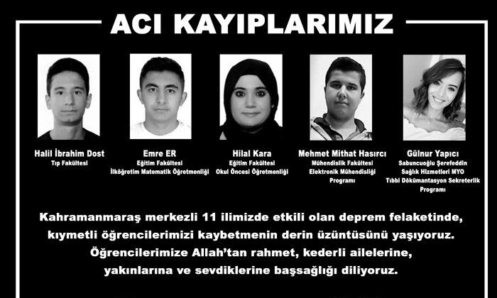 Depremde Amasya Üniversitesinden Halil İbrahim Dost, Emre Er, Hilal Kara, Mehmet Mithat Hasırcı ve Gülnur Yapıcı hayatını kaybetti