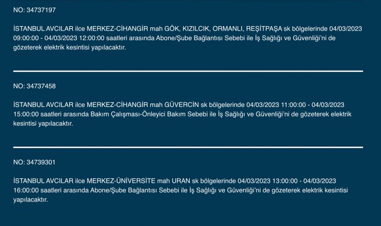 İstanbul’da yüzlerce adrese uyarı! (4 MART)