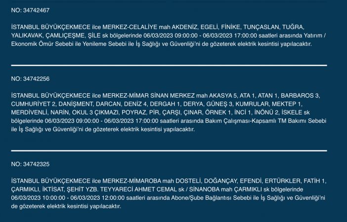 İSTANBUL ELEKTRİK KESİNTİSİ (6 MART) Bu Adreslere Dikkat: Bahçelievler, Esenyurt, Beylikdüzü, Bağcılar, Fatih, Mecidiyeköy, Çatalca, Eyüpsultan, Silivri, Şişli, Sultangazi! Saatlerce Sürecek…