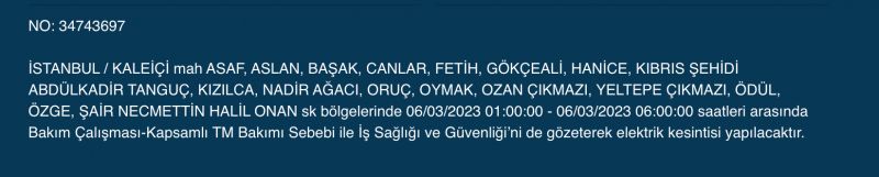 İSTANBUL ELEKTRİK KESİNTİSİ (6 MART) Bu Adreslere Dikkat: Bahçelievler, Esenyurt, Beylikdüzü, Bağcılar, Fatih, Mecidiyeköy, Çatalca, Eyüpsultan, Silivri, Şişli, Sultangazi! Saatlerce Sürecek…