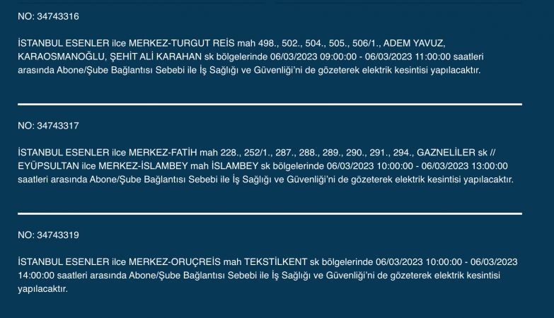 İSTANBUL ELEKTRİK KESİNTİSİ (6 MART) Bu Adreslere Dikkat: Bahçelievler, Esenyurt, Beylikdüzü, Bağcılar, Fatih, Mecidiyeköy, Çatalca, Eyüpsultan, Silivri, Şişli, Sultangazi! Saatlerce Sürecek…