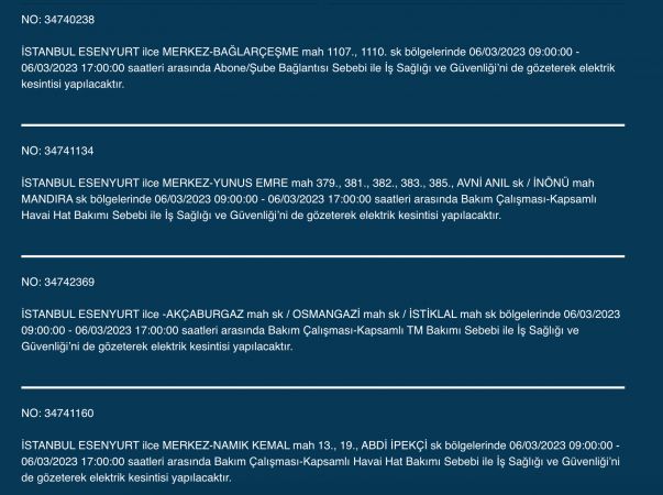 İSTANBUL ELEKTRİK KESİNTİSİ (6 MART) Bu Adreslere Dikkat: Bahçelievler, Esenyurt, Beylikdüzü, Bağcılar, Fatih, Mecidiyeköy, Çatalca, Eyüpsultan, Silivri, Şişli, Sultangazi! Saatlerce Sürecek…
