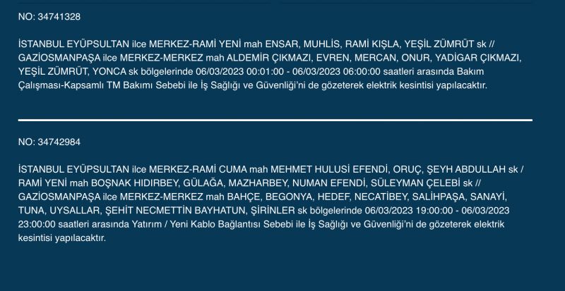 İSTANBUL ELEKTRİK KESİNTİSİ (6 MART) Bu Adreslere Dikkat: Bahçelievler, Esenyurt, Beylikdüzü, Bağcılar, Fatih, Mecidiyeköy, Çatalca, Eyüpsultan, Silivri, Şişli, Sultangazi! Saatlerce Sürecek…
