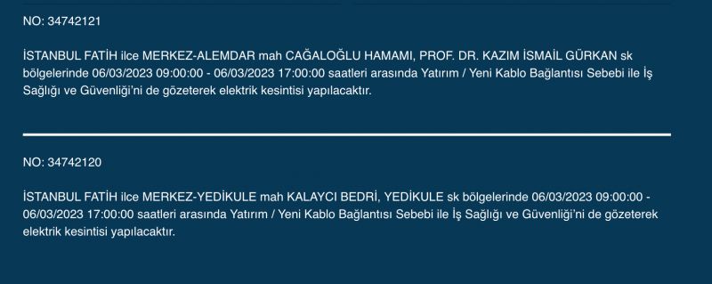 İSTANBUL ELEKTRİK KESİNTİSİ (6 MART) Bu Adreslere Dikkat: Bahçelievler, Esenyurt, Beylikdüzü, Bağcılar, Fatih, Mecidiyeköy, Çatalca, Eyüpsultan, Silivri, Şişli, Sultangazi! Saatlerce Sürecek…