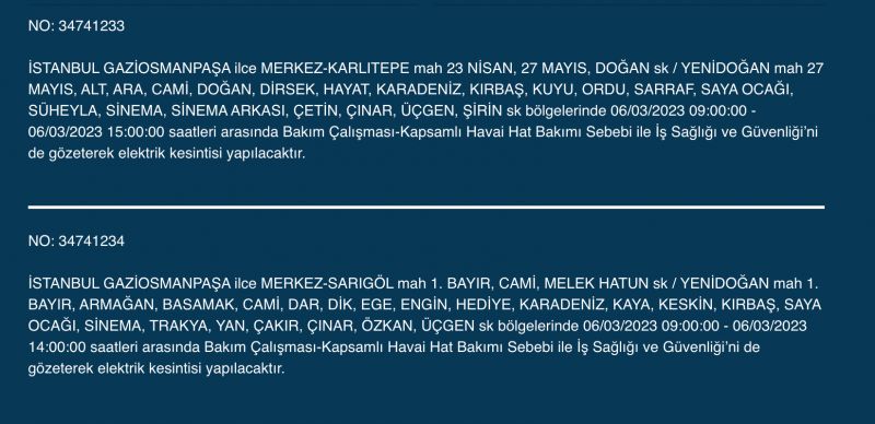 İSTANBUL ELEKTRİK KESİNTİSİ (6 MART) Bu Adreslere Dikkat: Bahçelievler, Esenyurt, Beylikdüzü, Bağcılar, Fatih, Mecidiyeköy, Çatalca, Eyüpsultan, Silivri, Şişli, Sultangazi! Saatlerce Sürecek…