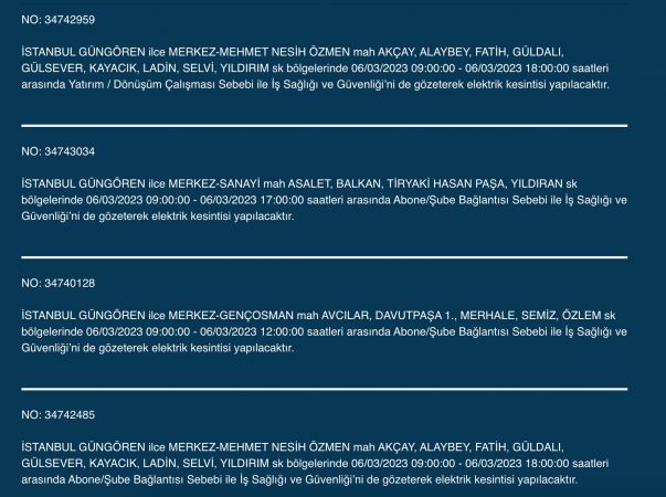 İSTANBUL ELEKTRİK KESİNTİSİ (6 MART) Bu Adreslere Dikkat: Bahçelievler, Esenyurt, Beylikdüzü, Bağcılar, Fatih, Mecidiyeköy, Çatalca, Eyüpsultan, Silivri, Şişli, Sultangazi! Saatlerce Sürecek…
