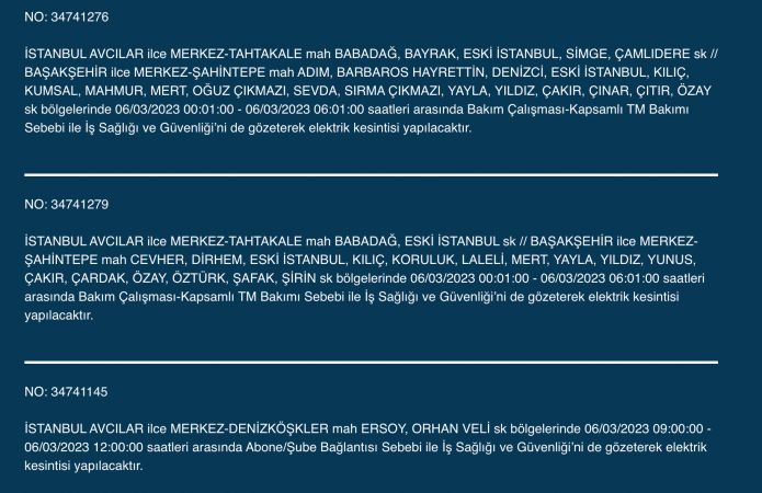 İSTANBUL ELEKTRİK KESİNTİSİ (6 MART) Bu Adreslere Dikkat: Bahçelievler, Esenyurt, Beylikdüzü, Bağcılar, Fatih, Mecidiyeköy, Çatalca, Eyüpsultan, Silivri, Şişli, Sultangazi! Saatlerce Sürecek…