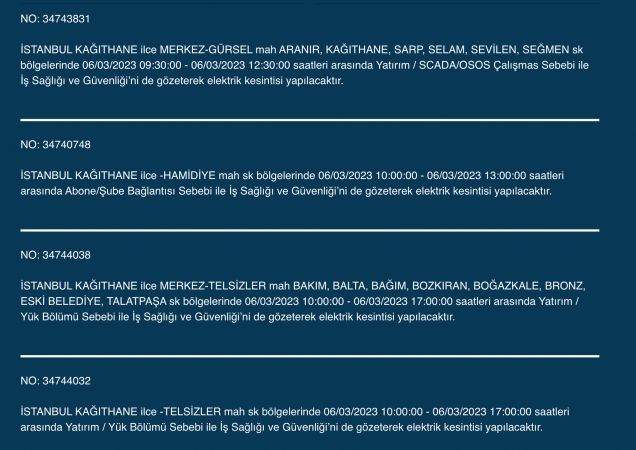 İSTANBUL ELEKTRİK KESİNTİSİ (6 MART) Bu Adreslere Dikkat: Bahçelievler, Esenyurt, Beylikdüzü, Bağcılar, Fatih, Mecidiyeköy, Çatalca, Eyüpsultan, Silivri, Şişli, Sultangazi! Saatlerce Sürecek…