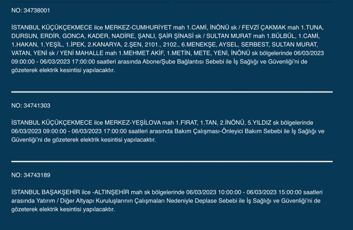 İSTANBUL ELEKTRİK KESİNTİSİ (6 MART) Bu Adreslere Dikkat: Bahçelievler, Esenyurt, Beylikdüzü, Bağcılar, Fatih, Mecidiyeköy, Çatalca, Eyüpsultan, Silivri, Şişli, Sultangazi! Saatlerce Sürecek…