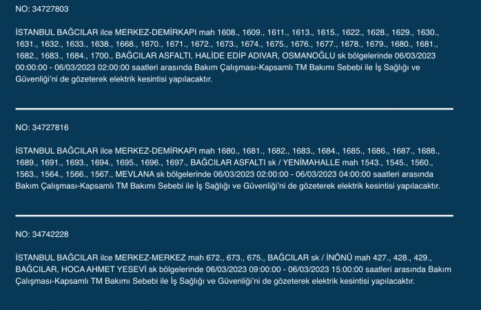 İSTANBUL ELEKTRİK KESİNTİSİ (6 MART) Bu Adreslere Dikkat: Bahçelievler, Esenyurt, Beylikdüzü, Bağcılar, Fatih, Mecidiyeköy, Çatalca, Eyüpsultan, Silivri, Şişli, Sultangazi! Saatlerce Sürecek…