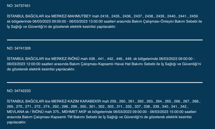 İSTANBUL ELEKTRİK KESİNTİSİ (6 MART) Bu Adreslere Dikkat: Bahçelievler, Esenyurt, Beylikdüzü, Bağcılar, Fatih, Mecidiyeköy, Çatalca, Eyüpsultan, Silivri, Şişli, Sultangazi! Saatlerce Sürecek…