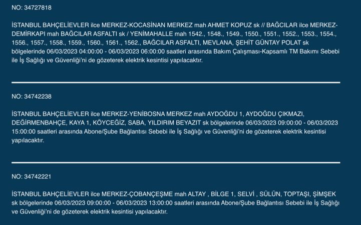 İSTANBUL ELEKTRİK KESİNTİSİ (6 MART) Bu Adreslere Dikkat: Bahçelievler, Esenyurt, Beylikdüzü, Bağcılar, Fatih, Mecidiyeköy, Çatalca, Eyüpsultan, Silivri, Şişli, Sultangazi! Saatlerce Sürecek…