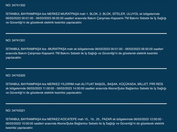 İSTANBUL ELEKTRİK KESİNTİSİ (6 MART) Bu Adreslere Dikkat: Bahçelievler, Esenyurt, Beylikdüzü, Bağcılar, Fatih, Mecidiyeköy, Çatalca, Eyüpsultan, Silivri, Şişli, Sultangazi! Saatlerce Sürecek…