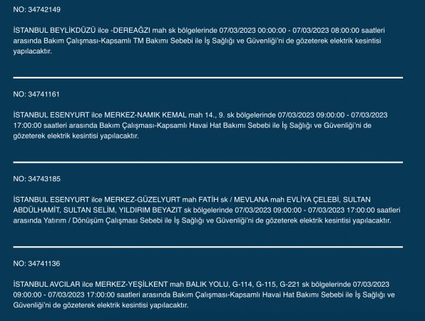 İstanbul’da elektrik kesintisi: Avcılar, Bahçelievler, Bağcılar, Esenyurt, Şişli, Fatih, Gaziosmanpaşa, Eyüp, Esenler! Yüzlerce sokakta elektrikler gidecek! (7 MART)