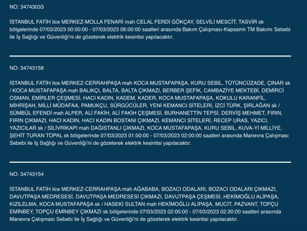 İstanbul’da elektrik kesintisi: Avcılar, Bahçelievler, Bağcılar, Esenyurt, Şişli, Fatih, Gaziosmanpaşa, Eyüp, Esenler! Yüzlerce sokakta elektrikler gidecek! (7 MART)