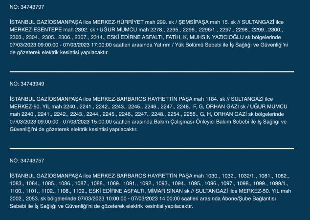 İstanbul’da elektrik kesintisi: Avcılar, Bahçelievler, Bağcılar, Esenyurt, Şişli, Fatih, Gaziosmanpaşa, Eyüp, Esenler! Yüzlerce sokakta elektrikler gidecek! (7 MART)