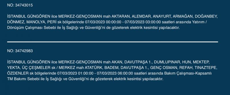 İstanbul’da elektrik kesintisi: Avcılar, Bahçelievler, Bağcılar, Esenyurt, Şişli, Fatih, Gaziosmanpaşa, Eyüp, Esenler! Yüzlerce sokakta elektrikler gidecek! (7 MART)