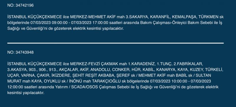 İstanbul’da elektrik kesintisi: Avcılar, Bahçelievler, Bağcılar, Esenyurt, Şişli, Fatih, Gaziosmanpaşa, Eyüp, Esenler! Yüzlerce sokakta elektrikler gidecek! (7 MART)
