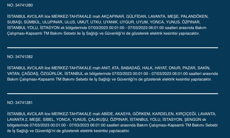 İstanbul’da elektrik kesintisi: Avcılar, Bahçelievler, Bağcılar, Esenyurt, Şişli, Fatih, Gaziosmanpaşa, Eyüp, Esenler! Yüzlerce sokakta elektrikler gidecek! (7 MART)