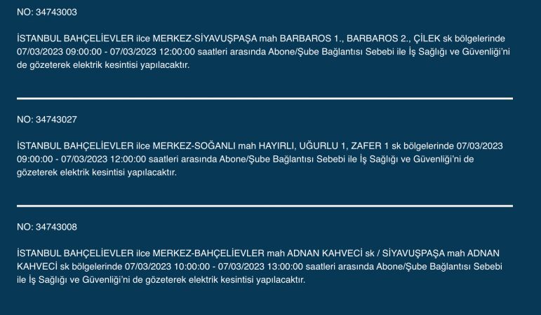 İstanbul’da elektrik kesintisi: Avcılar, Bahçelievler, Bağcılar, Esenyurt, Şişli, Fatih, Gaziosmanpaşa, Eyüp, Esenler! Yüzlerce sokakta elektrikler gidecek! (7 MART)